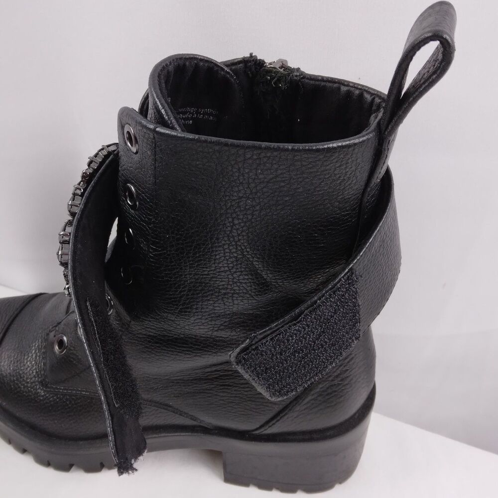 Karl Lagerfeld PIPPA Black Pebbled Leather Rhinestone Combat Boots Size 6M - Picture 12 of 16